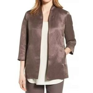 Eileen Fisher ~ XL ~ Brown ~ Organic Linen Silk Blend Open Front Longline Jacket